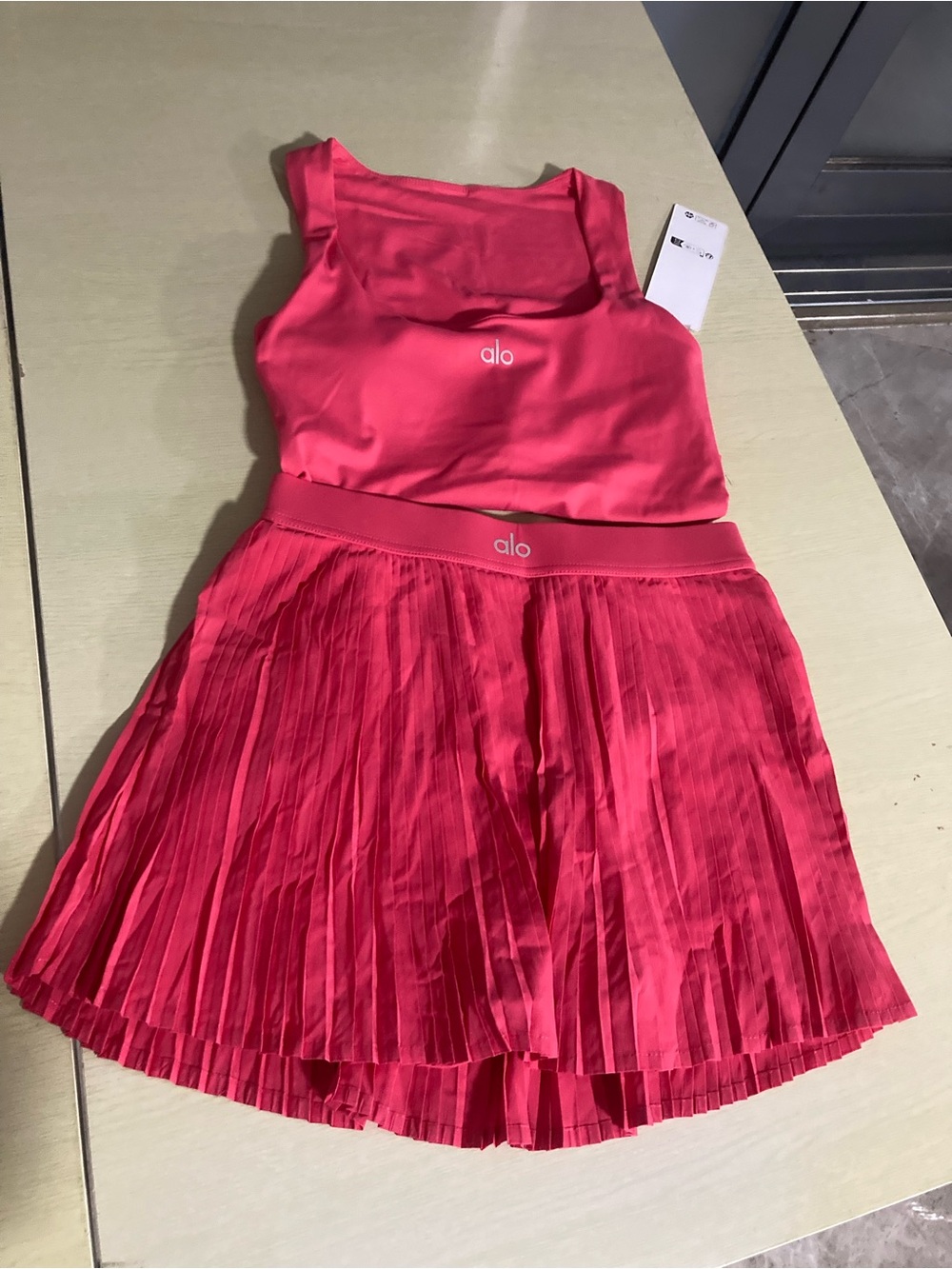 ALO Yoga Women's Midi Pleated Skirt and Tank Set in Hot Pink